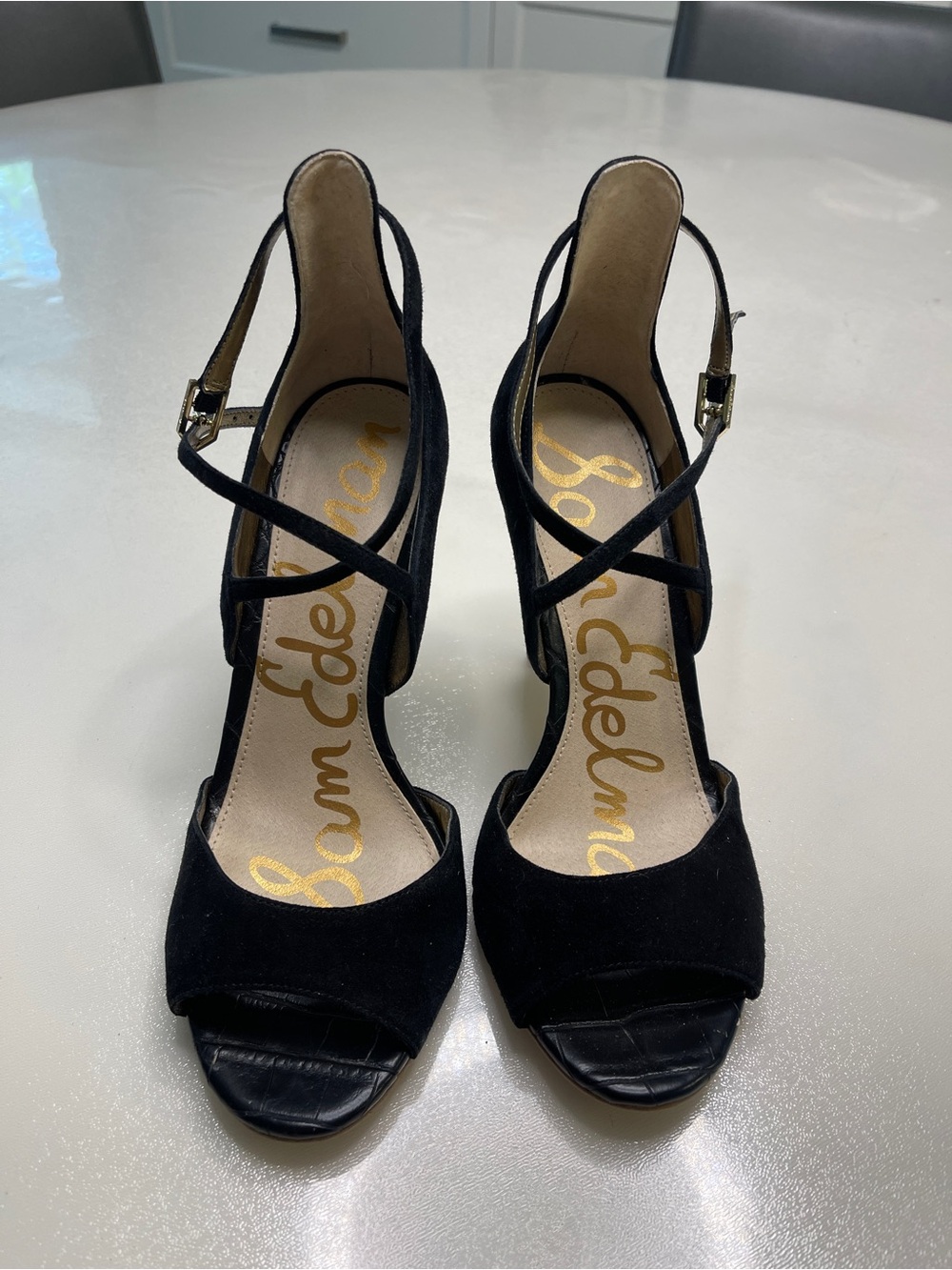 Sam Edelman Black Suede Crisscross Peep-Toe Slingback Heels